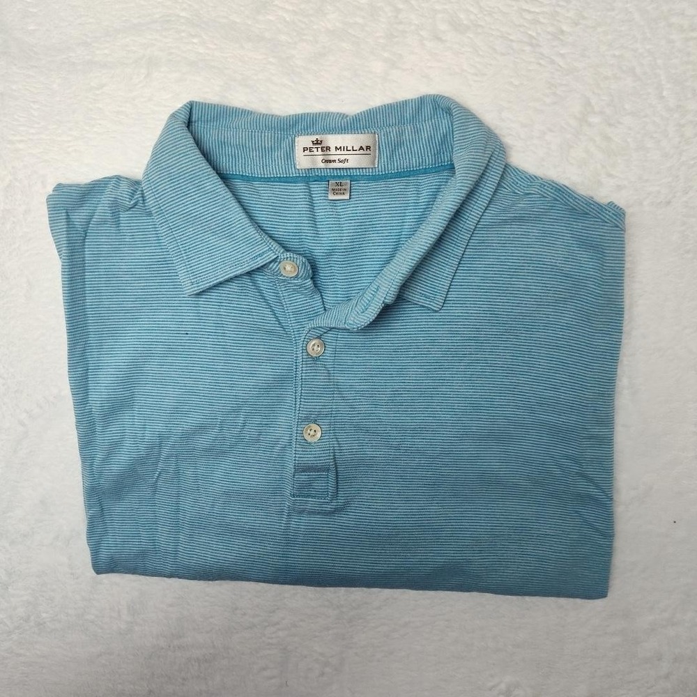 Peter Millar Polo Shirt Men XL Blue Stripe Crown Soft Pima Cotton Silk Golf Work